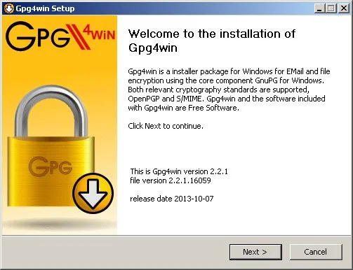 Gnu privacy guard telepítőjének üdvözlő képernyője