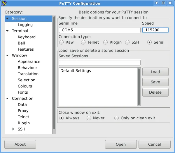 PuTTY konfigurálása UART adapterhez